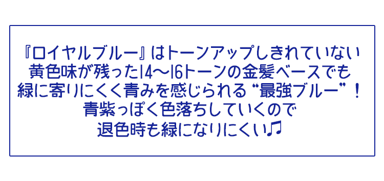 ロイヤルブルーはトーンアップしきれていない金髪ベースでも青みを感じられる最強ブルー